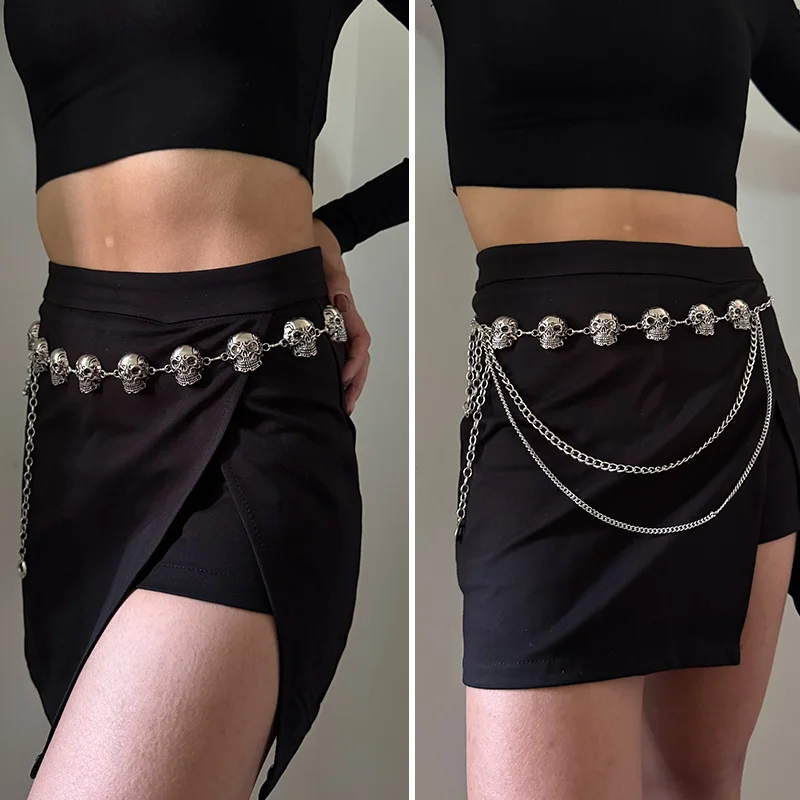 Punk Schädel Silber Taille Ketten gürtel weibliche Gothic Designer Gürtel für Frauen Rock High-End Luxusmarken Metall Y2k Bund – Detail 7