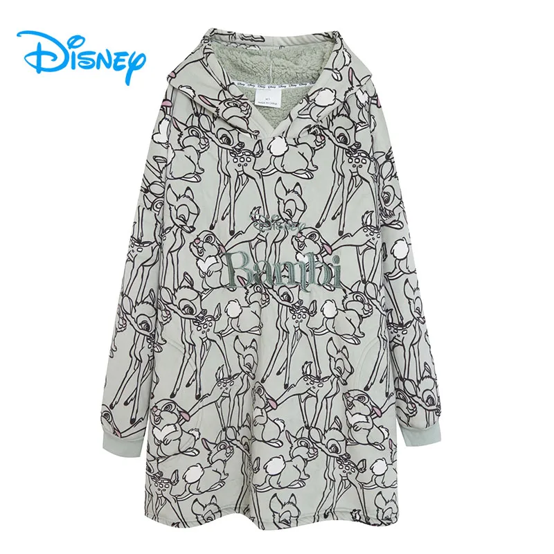 

Disney Bambi Embroidery Loose Hooded Sweatshirt Women Fleece Velvet Warm Long Hoodies Oversize Pullover Top Jacket Couple Unisex