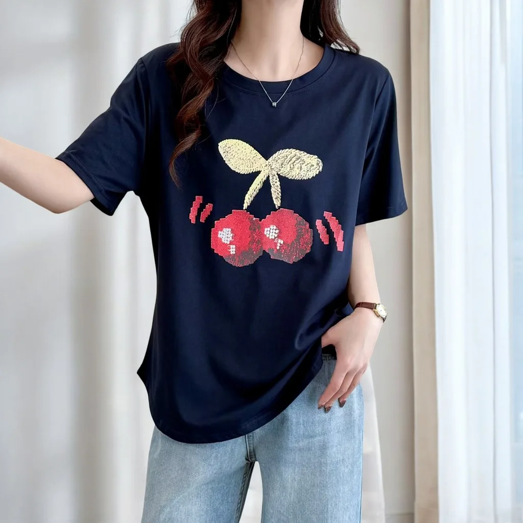 Summer 2025 Plus Size Top New 100kg Temperament Casual Printed Cherry Short Sleeve Tees Women's T-shirt 854