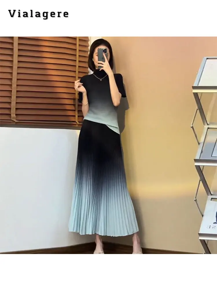 

2023 Summer Vintage Gradient Color 2 Piece Set Women Short Sleeve Stand Collar Top + Pleated Skirt Elegant Two Piece Skirt Set