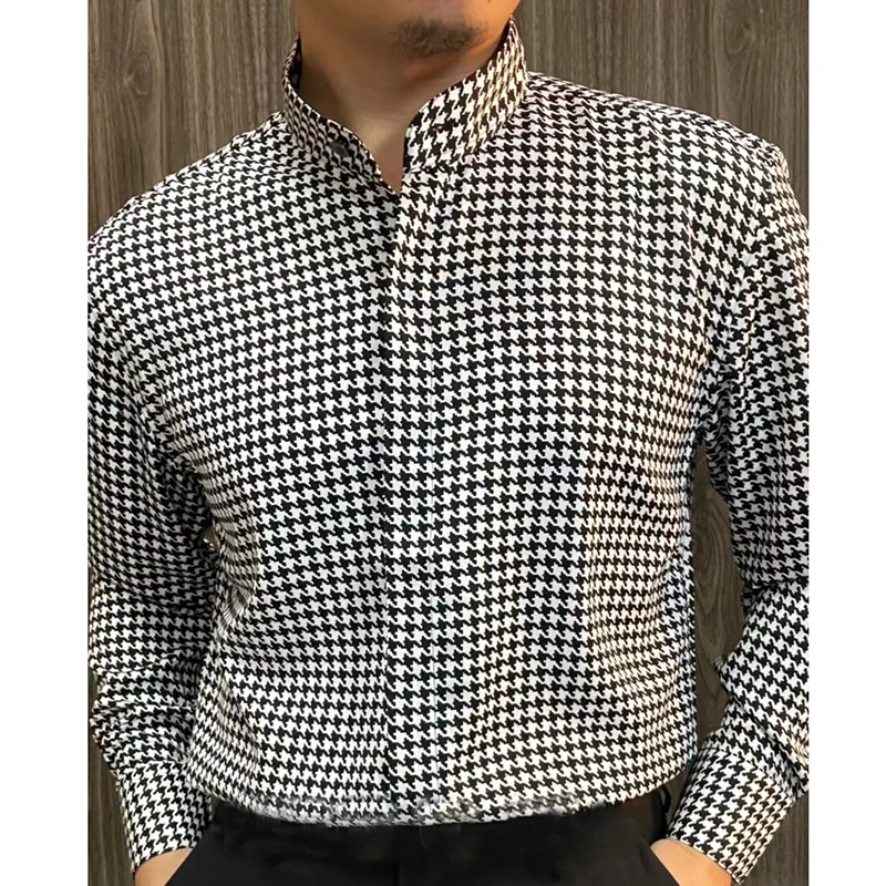

2024Stand Collar Long Sleeve Casual Shirt For Men Houndstooth Print Shirt Business Dress Shirt Social Party Tuxedo Chemise Homme