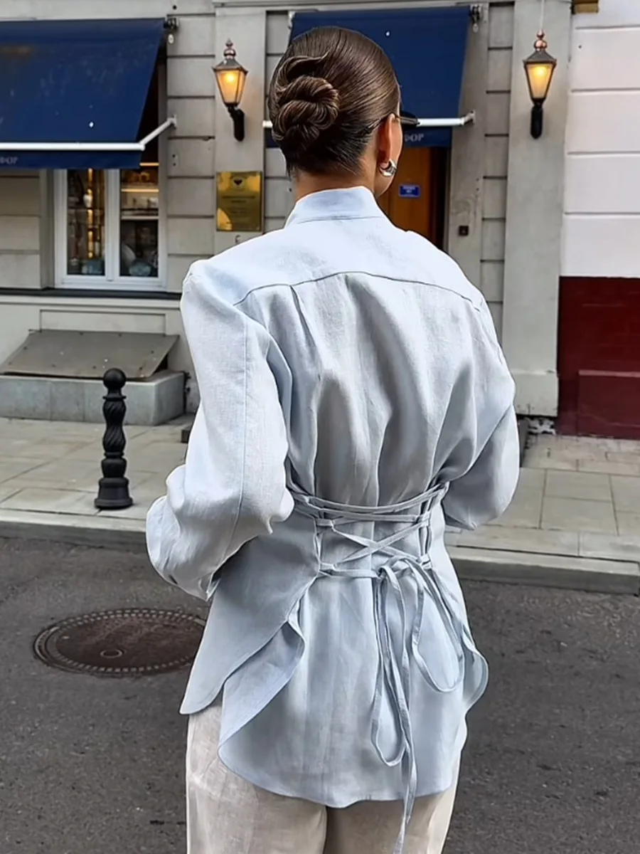 Bornladies New Autumn Tie Belted Shirt Women's  Floating Ribbon Cardigan Top Commuting 100% Cotton Slim Blouse