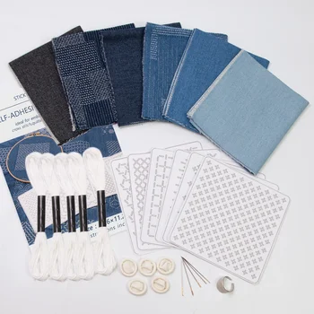 Sashiko Kit,Thread and Needles Sashiko Thimble Sashiko Fabric Denim Fabric,Water Soluble Embroidery Practice Thimble Sewing Set