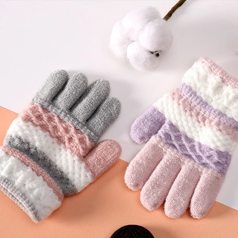 Winter Kindergarten Children Striped Split Finger Gloves Thick Warm Kids Knitted Glove 3-6year Boy Girl Baby Hand Warmer Mittens winter gloves,baby mittens