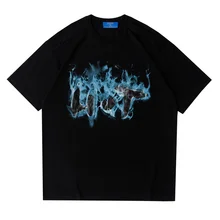 T shirt manches courtes noir pour homme, Streetwear, Hip Hop, Vintage, avec lettres flammes imprimées, 2022 