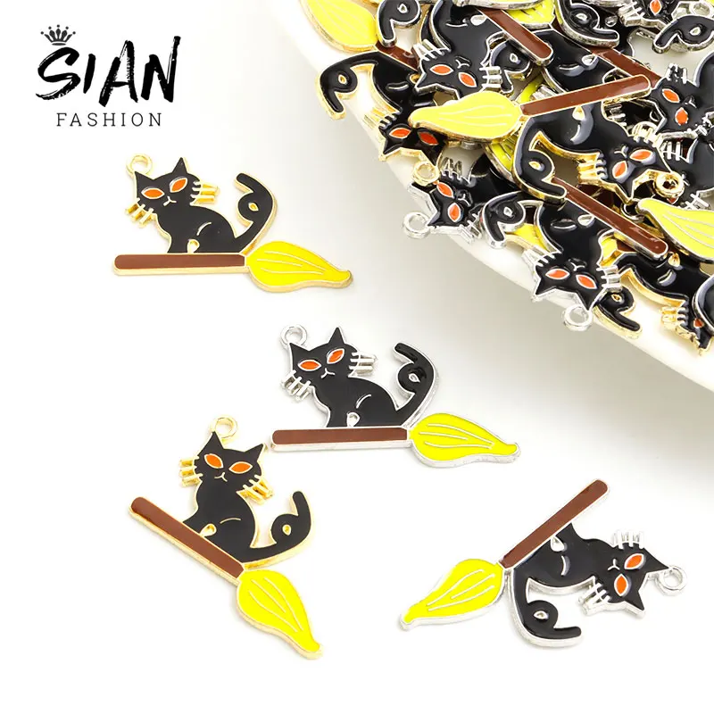 

10pcs Halloween Enamel Charms Cat Magic Broom Alloy Drip Oil Pendants DIY Handmade Accessories Necklace Bracelet Making Crafts
