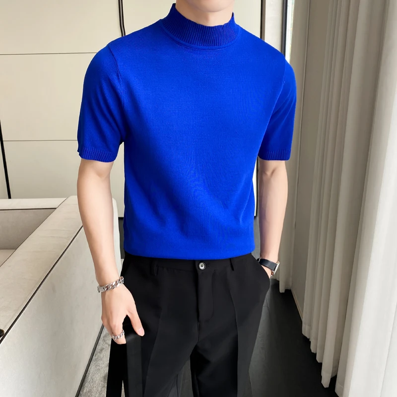 

Royal Blue Elegant Turtleneck T Shirts Mens Summer Short Sleeves Pullover Mens Slim Fit Gentleman Sweater With Neck Jumper Grey