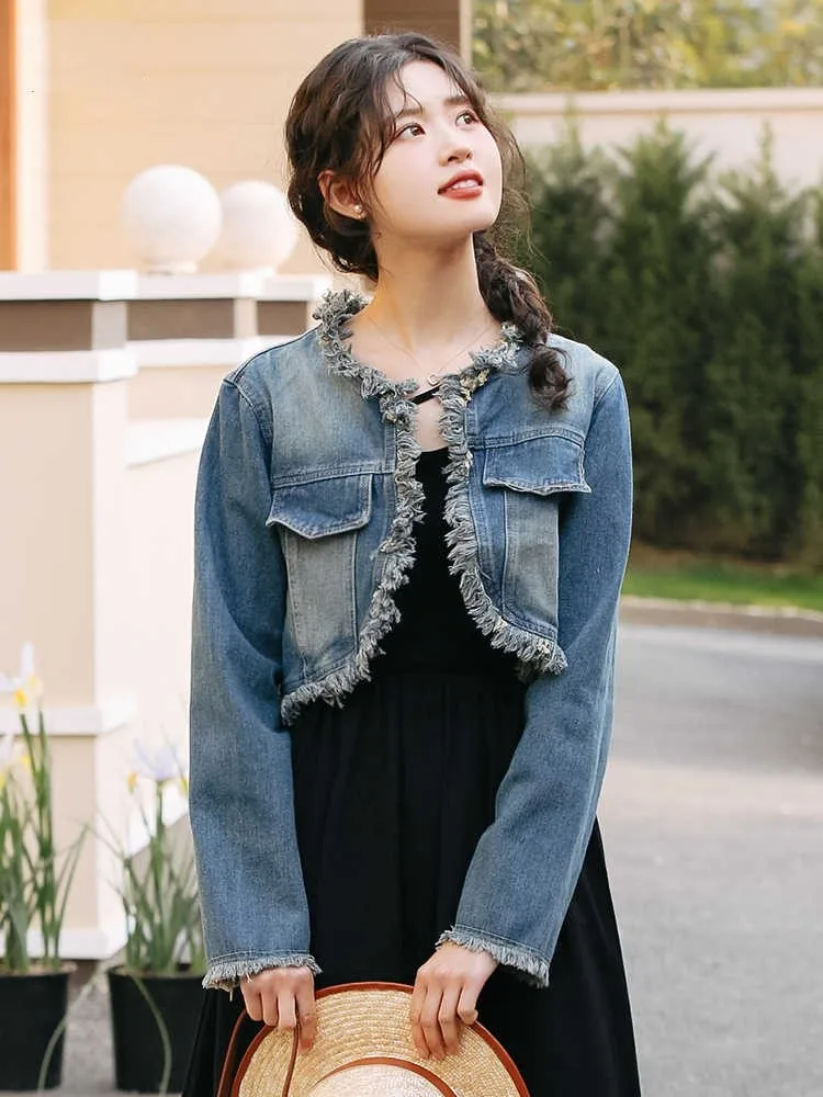 

GUUZYUVIZ Весна-лето 2024, французское короткое джинсовое пальто, Женский флисовый топ в стиле ретро