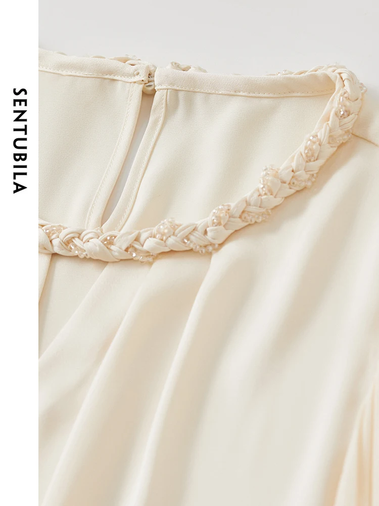 SENTUBILA Women French Hollow Out Blouse Autumn Chiffon Straight Woven O Neck Lantern Sleeve Tops 143V56037