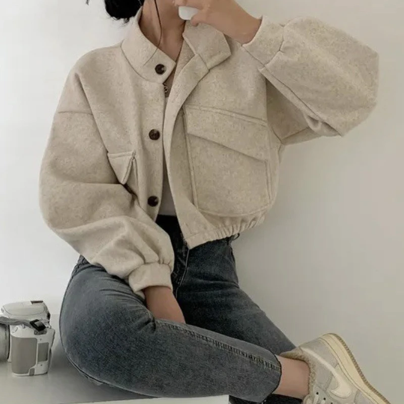 Crop Blends Women Wool Coat Casual Loose Gentle Pockets Simple Autumn Winter Streetwear Office Lady Fashion Cozy Пальто Женское - 6