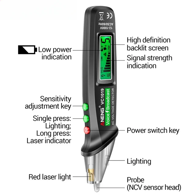 VC1019 Intelligent Voice Broadcast Tester Pen 12V-1000V Infrared Sensor Positioning Voltage Tester Electric Wire Detector 4