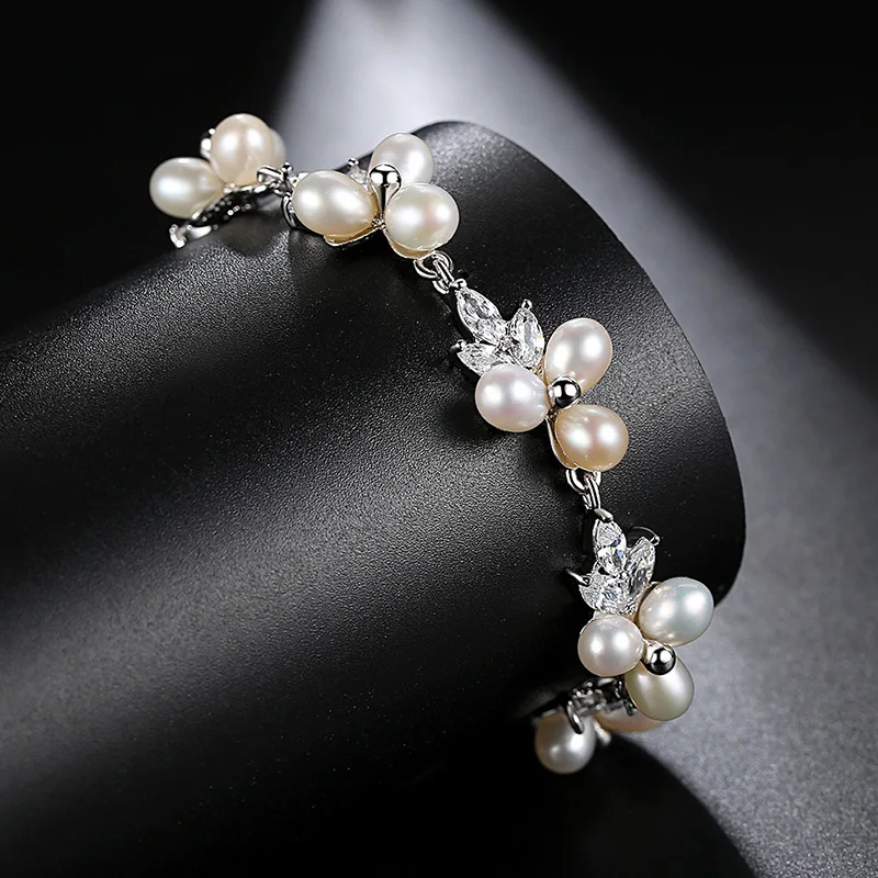 LUOTEEMI Elegant CZ Freshwater Pearl Bracelet Luxury Cubic Zirconia Women Flower Bridal Wedding Engagement Bracelets Jewellery