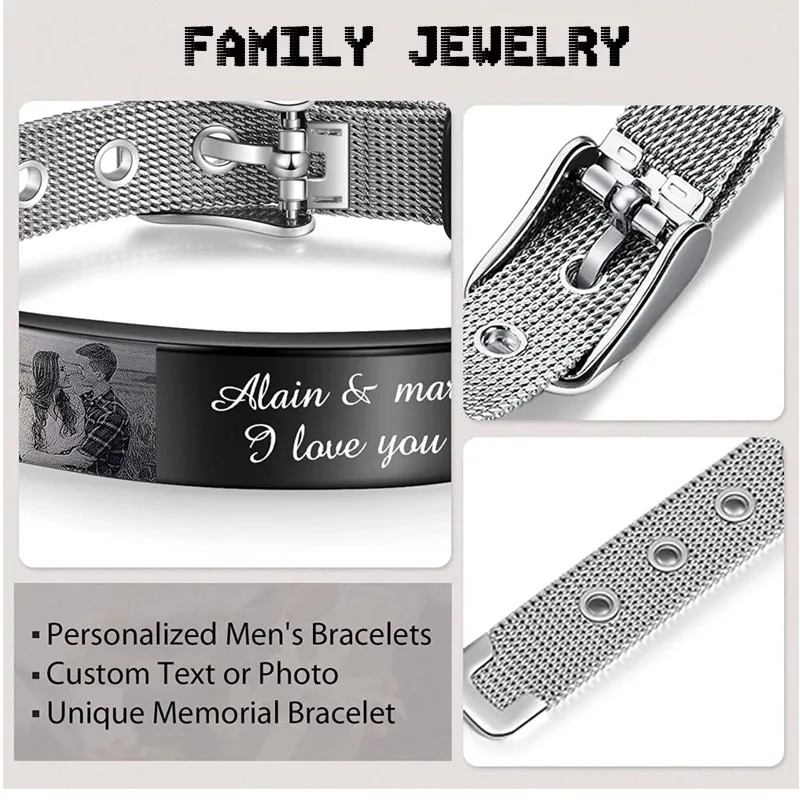 Custom Stainless Steel Bracelet for Men Personalized Engraved Photo Text Bracelets Adjustable Men's Family Bracelet Gifts