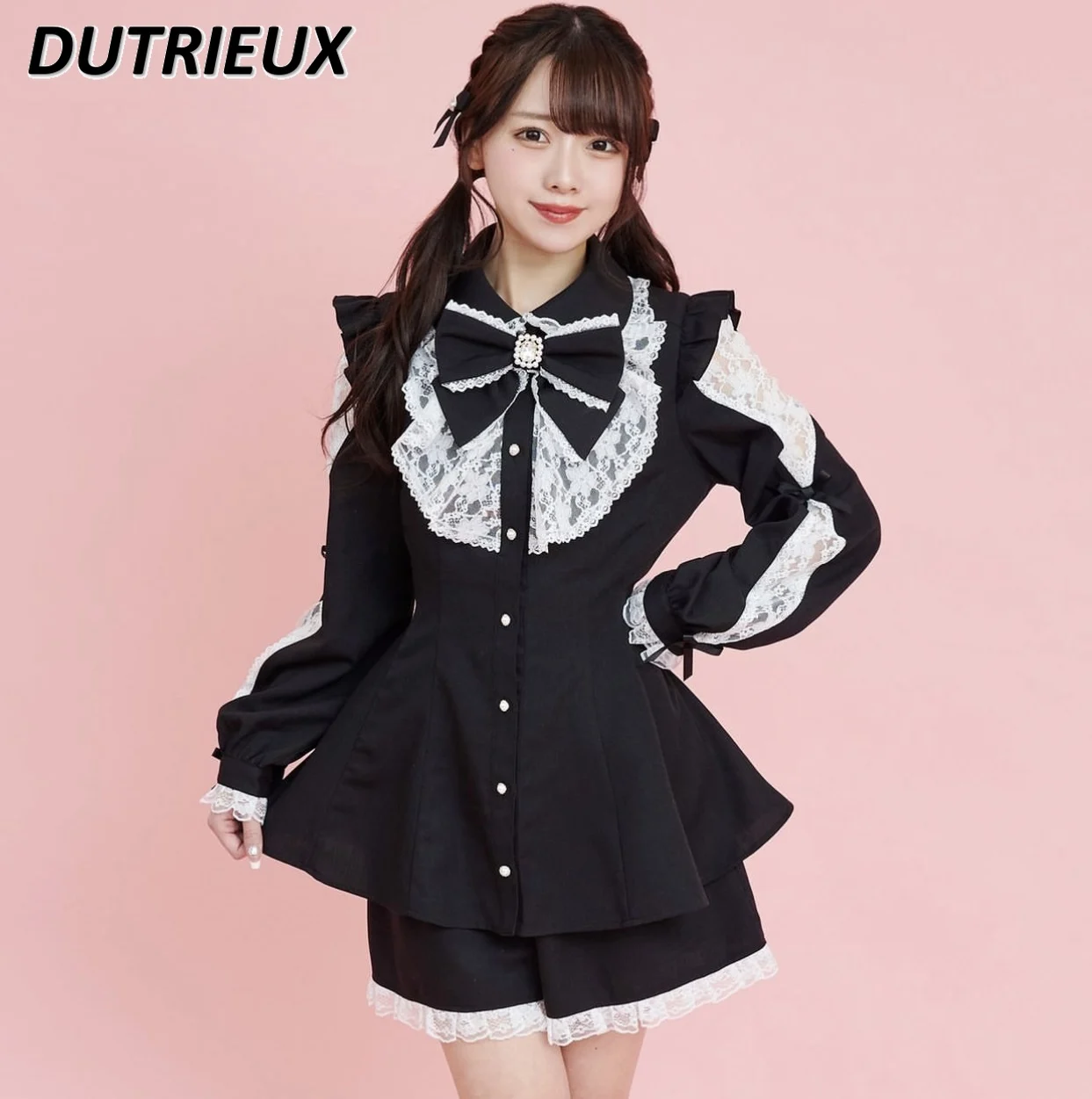 Japanese Style New Lolita Mine Long Sleeve Tops Sweet Cute Slimming Lace Bow Shirt and Base Shorts Two-Piece Set SC Suit