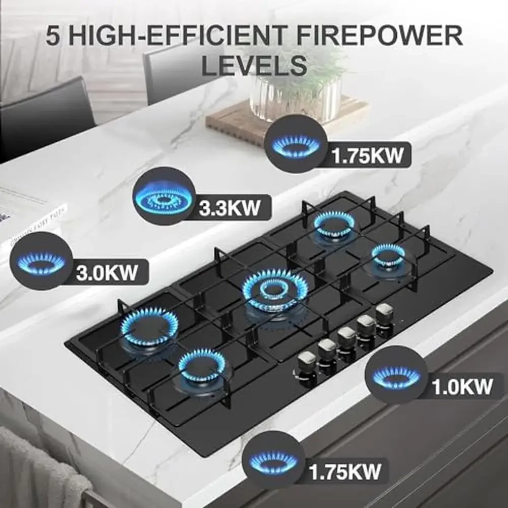 36" 5 Burner Gas Cooktop Built-in Stove Top Tempered Glass Panel NG/LPG Auto Ignition Hob Universal Nozzle Stainless Steel 2