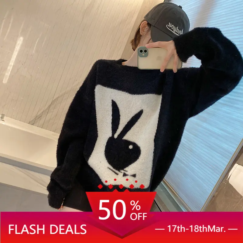 

High Quality Cartoon Bunny Pattern Mohair Loose Crewneck Sweater Women's Autumn and Winter New Lazy Style Mink Knit Top Thick