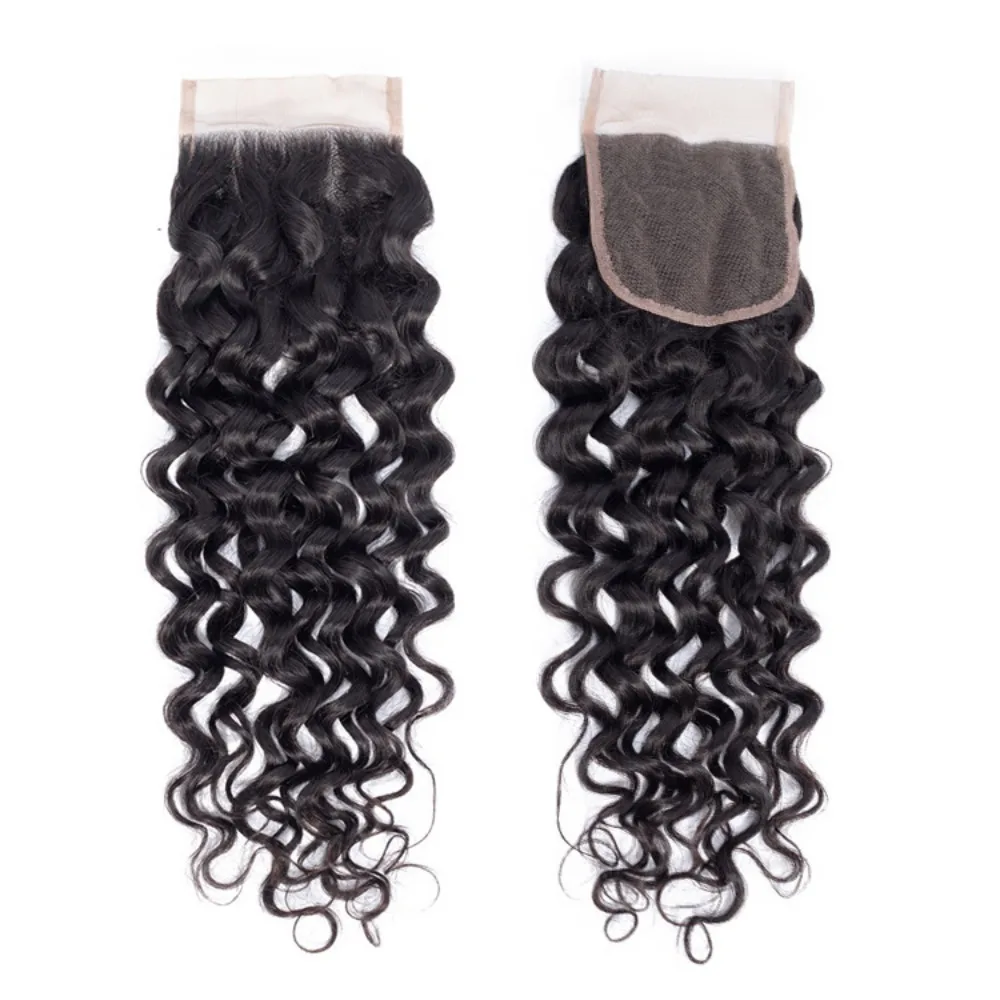 Human Hair 4x4 Lace Closure Straight Body Water Deep Curly Brazilian Virgin Hair Transparent Swiss Lace 10-20 Inch Pre-Plucked