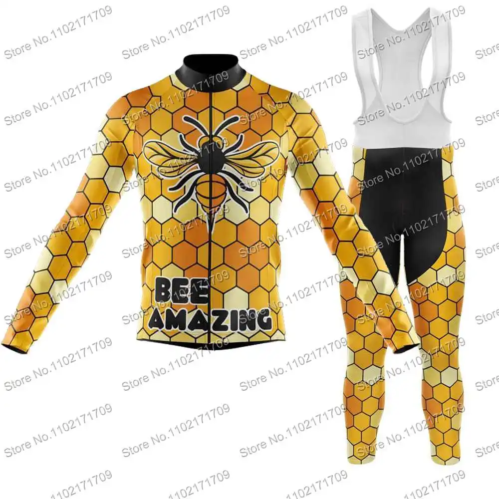 Retro Bee Amazing Mens Funny Cycling Jersey Set Long Sleeve Pro Team Bicycle Clothing Road Race Bike Shirt Suit MTB Bicycle Pant