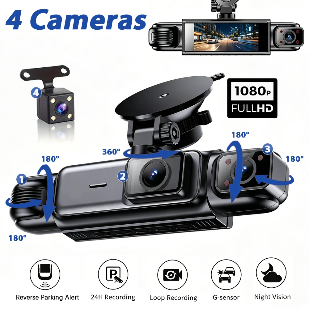 Auto-Dashcam mit 3/4 Kameras, Black Box, 1080P HD Nachtsicht, 24/7 Parküberwachung, G-Sensor, Loop-Aufnahme, Auto-Videorekorder