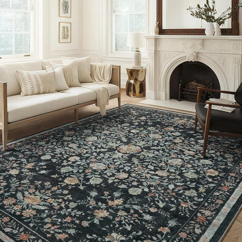 Large Area Vintage Living Room Carpet Bohemian Floral Print Bedroom Rug Machine Washable Soft Home Decor Coffee Table Mats Tapis