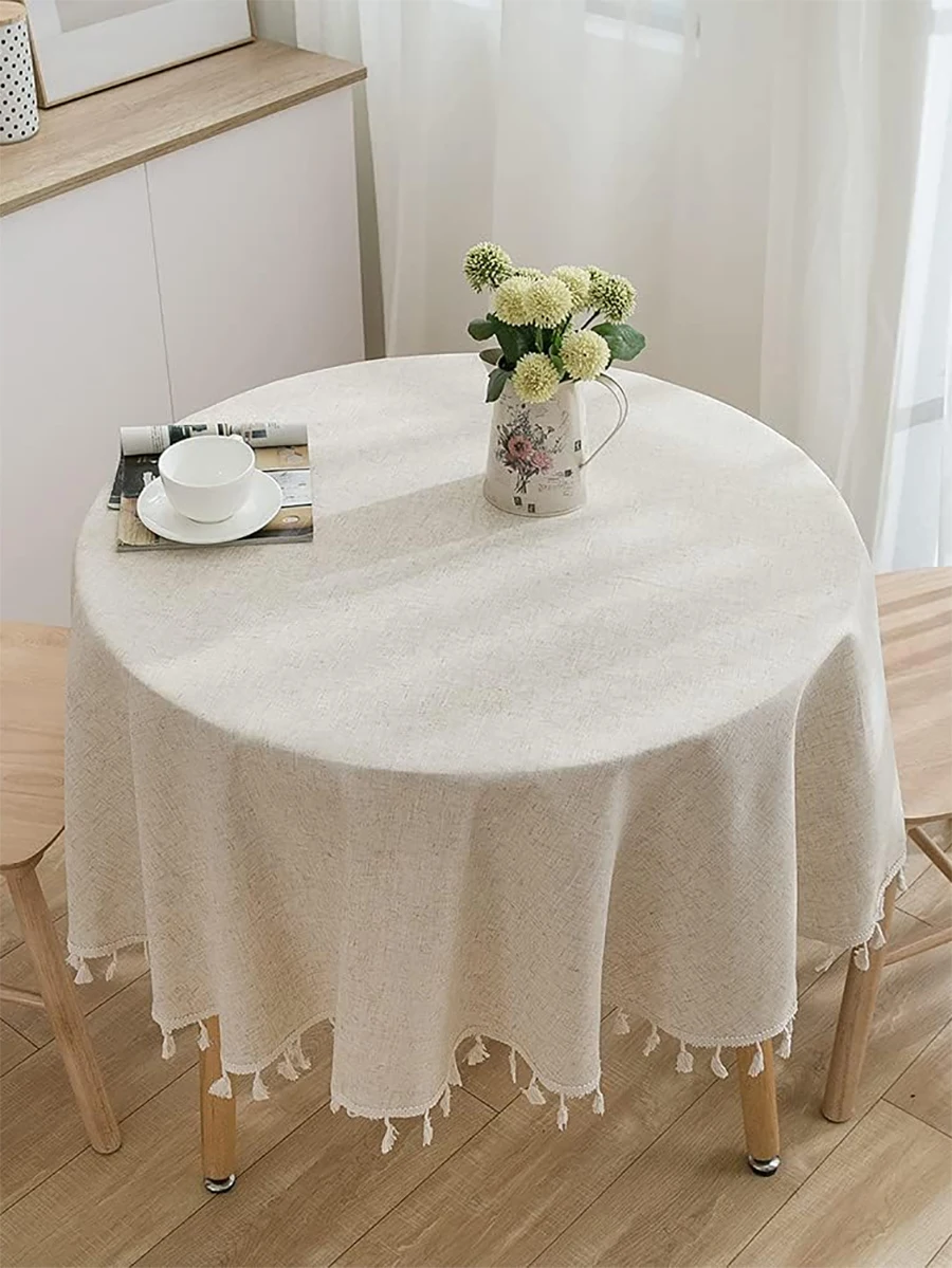 Elegant Cotton Linen Tablecloth with Tassel Edge - Stylish, Dust-Proof, and Shrink-Proof Solid Color Dining Table Cover