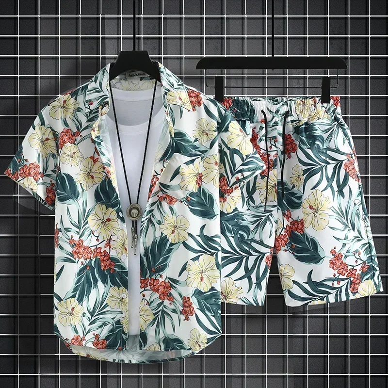 

Summer Short Sleeve Flower Shirt Men's Beach Sets Hawaiian Island Style Retro Handsome Casual Thin Shirt Hawaiian Shirt