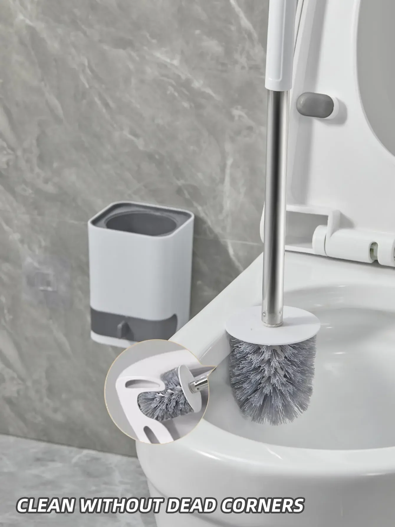 Toilet Brush WORTHBUY Punch-Free Wall Mounted Long Handle Plastic Drainable Base Bathroom Accessories