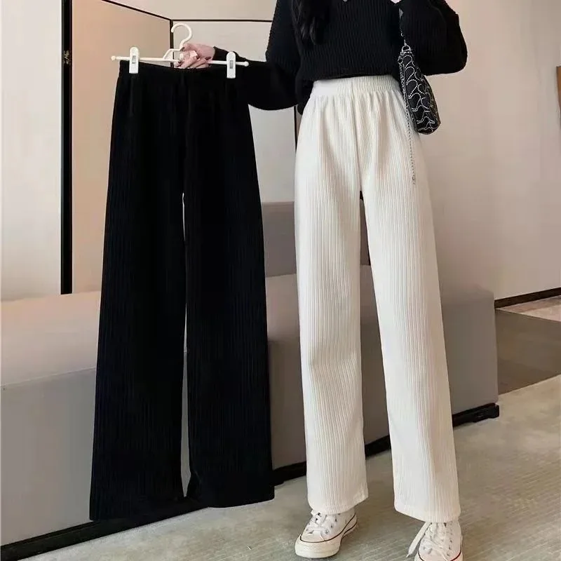 Korean Thicken Baggy Spodnie New Casual Plus Velvet Wide Leg Pants Women High Waist Warm Straight Winter Pantalon Plush Lined