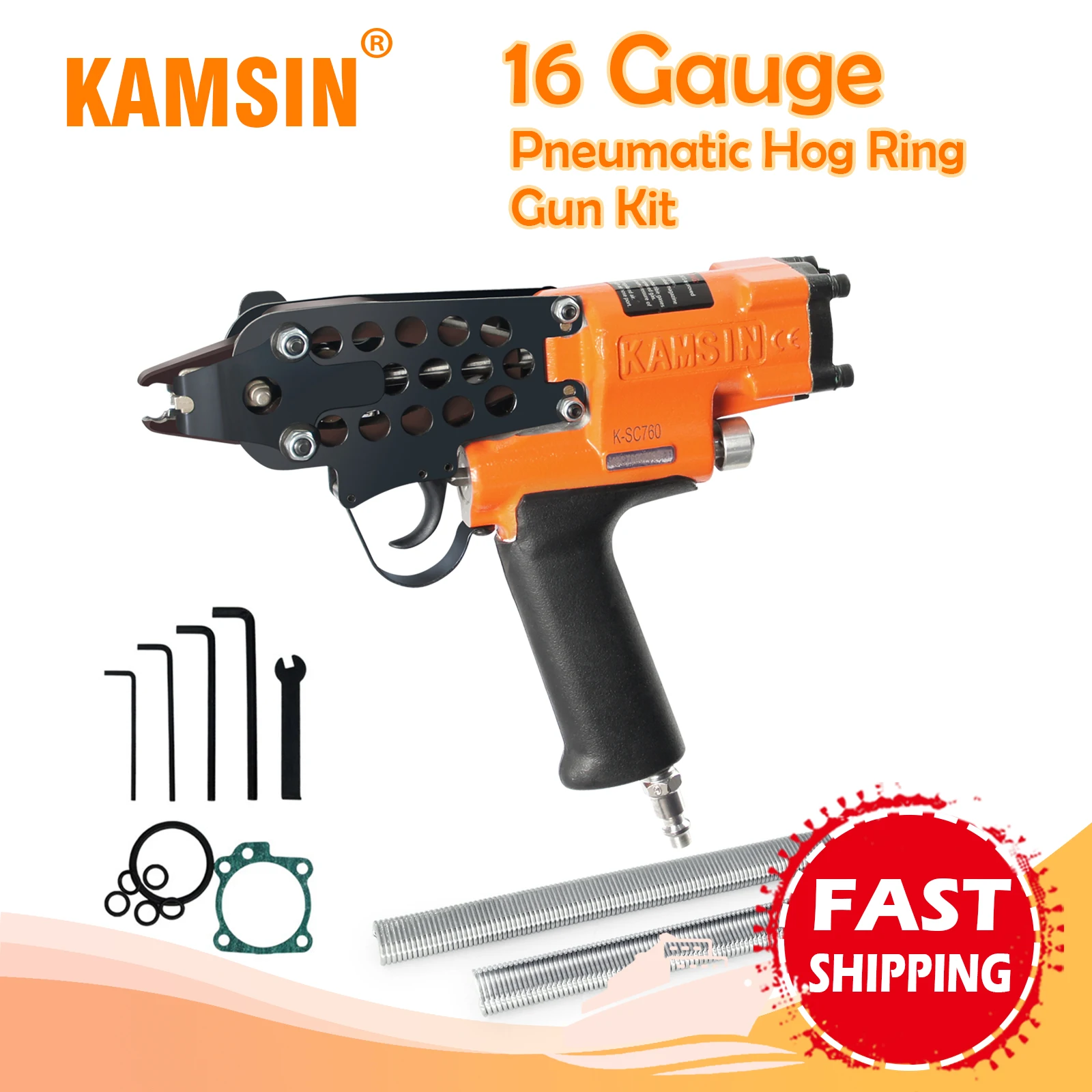 

KAMSIN K-SC760 16 Gauge Pneumatic Hog Ring Stapler Gun, Fits 16.9mm Outside Crown Staples, for Cages, Car Seats, Spring Mattress