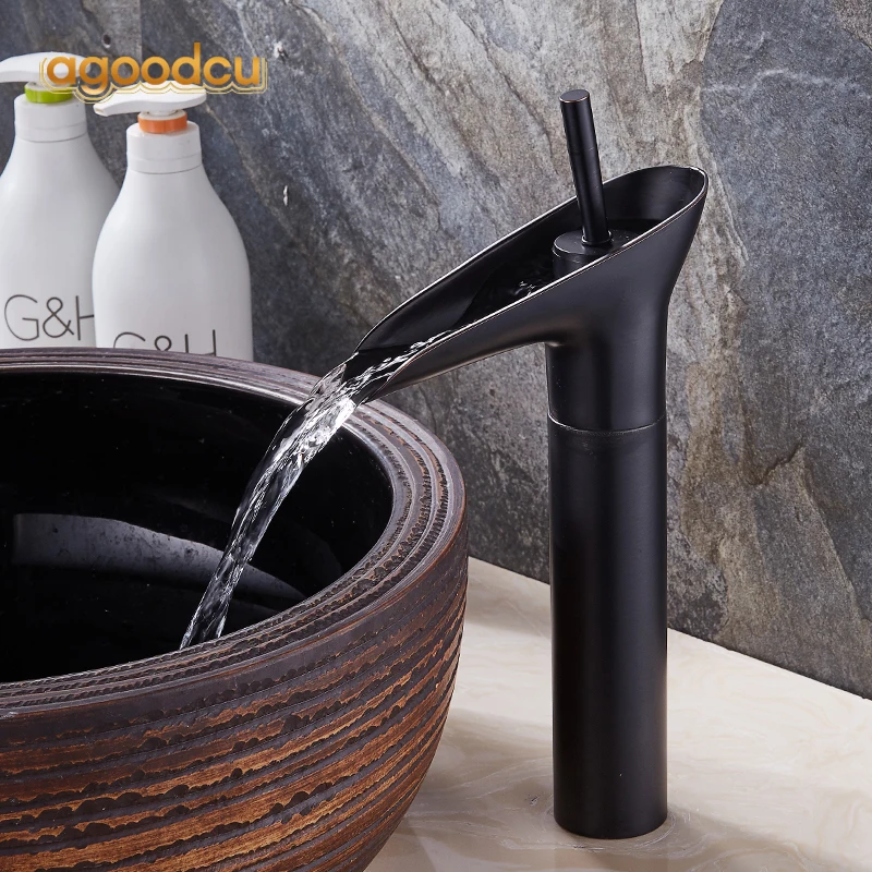 

Antique Brass Basin Faucets Bathroom Waterfall Washing Vanity Sink Tap Single Handle Hot And Cold Water Mixer Tap Balcony Crane