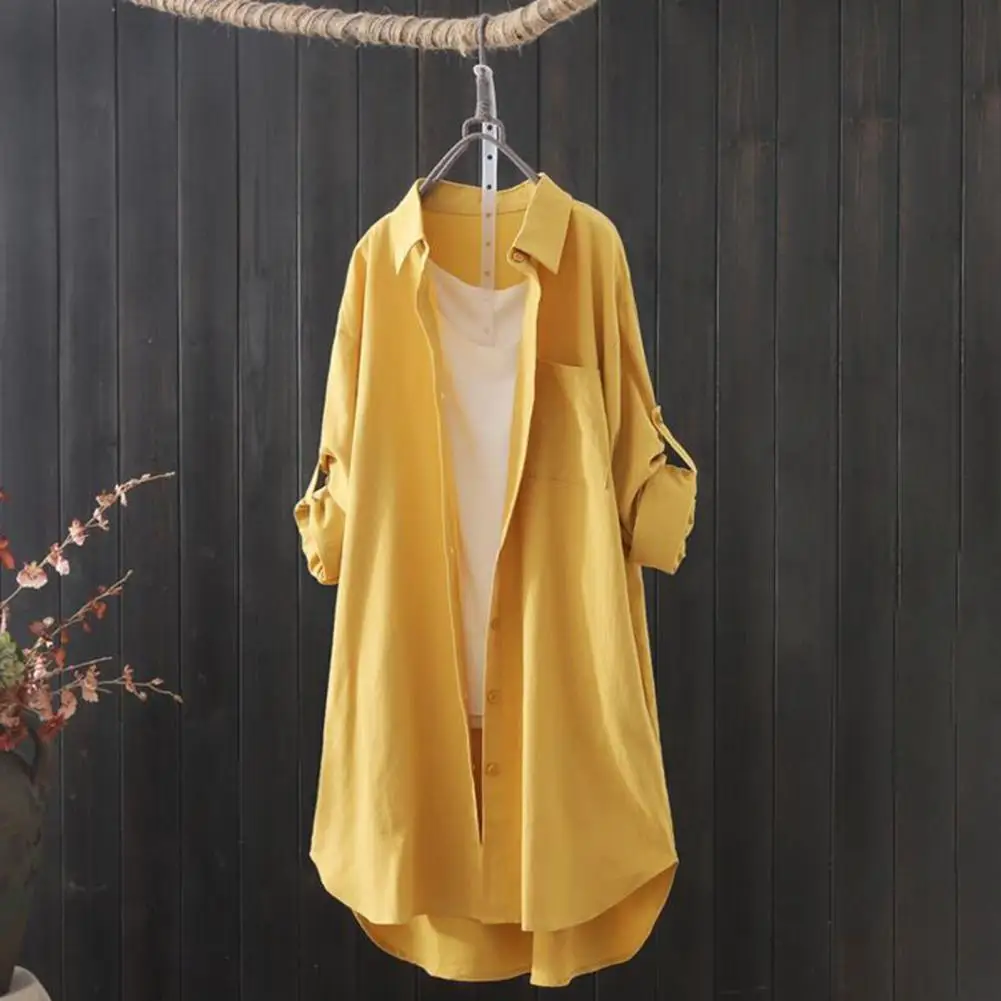 

Fashion Mid-length Shirt Shrink Resistant Turn Down Collar Breathable Shirt Blouse Daily Garment