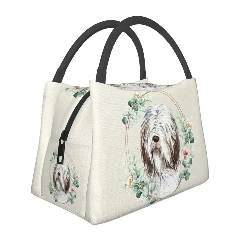 

Custom Bearded Collie Dog In Floral Gold Wreath Lunch Bag Men Women Warm Cooler Insulated Lunch Box for Office Travel