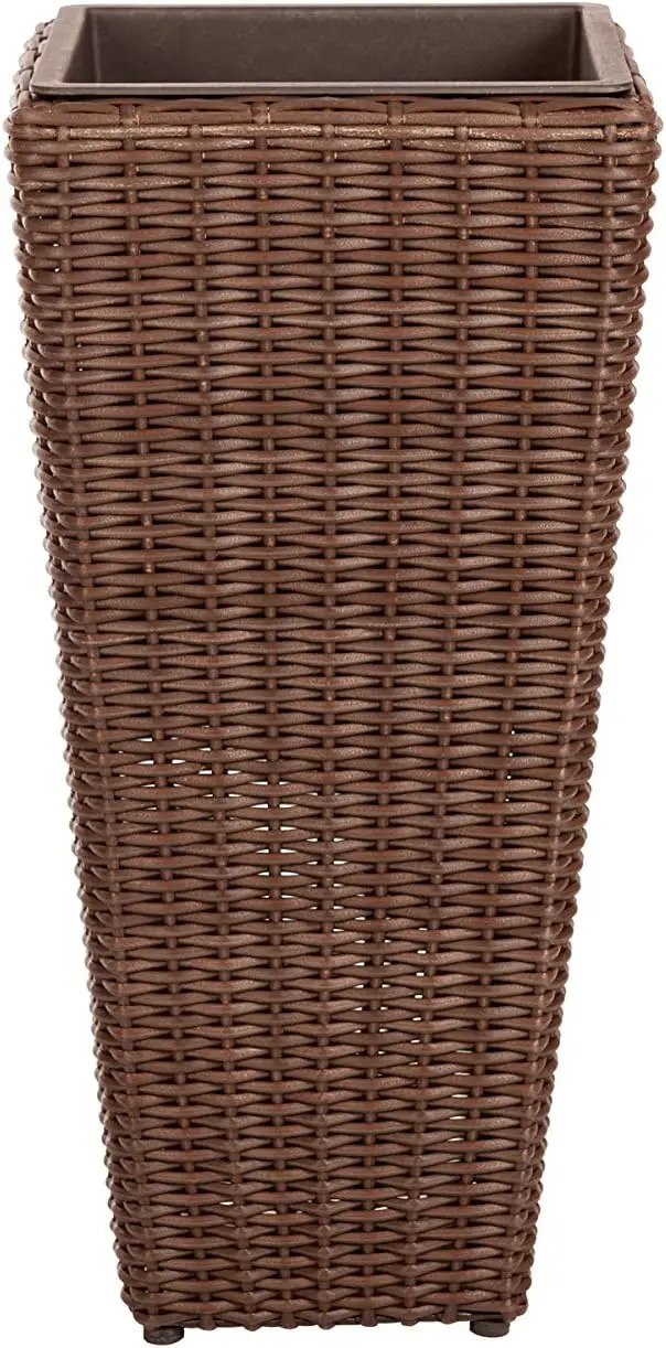 Wicker All-Weather Planter Set with Liners Tall Plant Decor Box for Outdoors Patio Herb Garden Furnishings - Mocha - Pack of 2