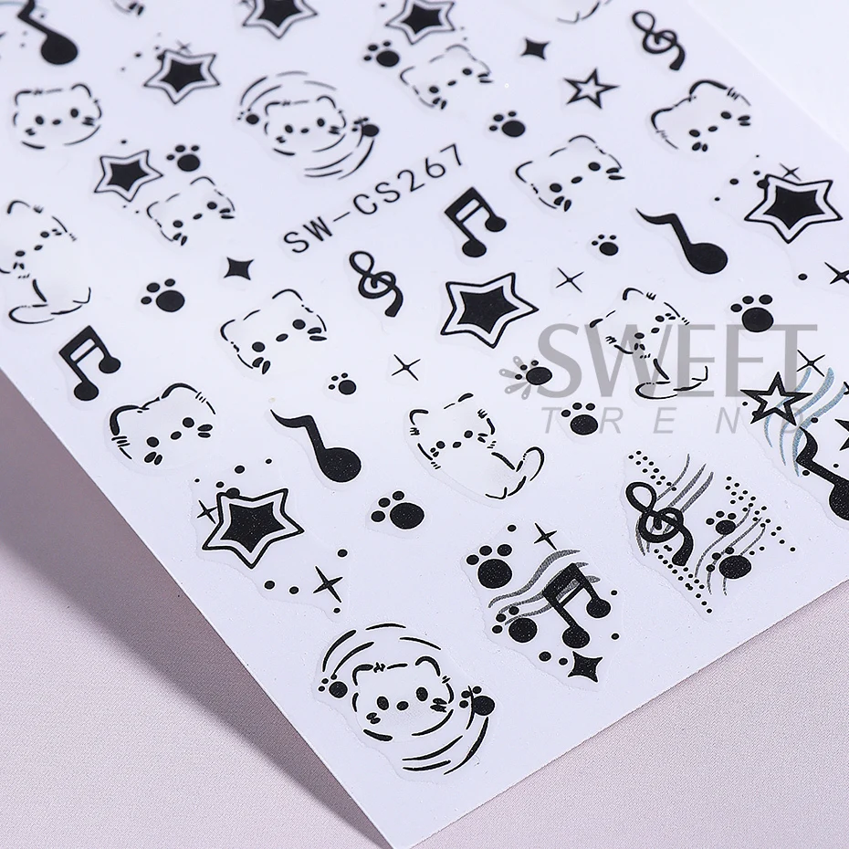 2pcs Cartoon Black Cat Nail Stickers 3D Graffiti Cute Cat Stars Musical Notes Design Nail Decals Sliders Y2K Manicure Decoration
