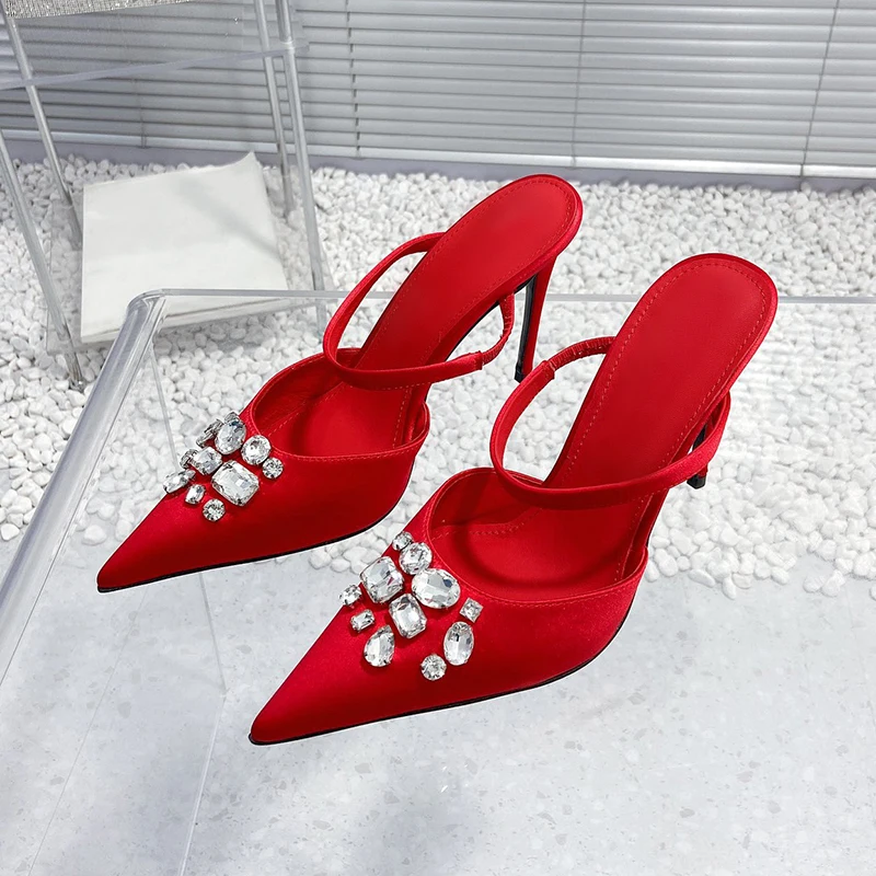 

Women New High Heel Sandals Summer Crystal Decor Banquet Pointed Toe Slippers Mixed Colors Satin Material Sexy Ladies Pumps