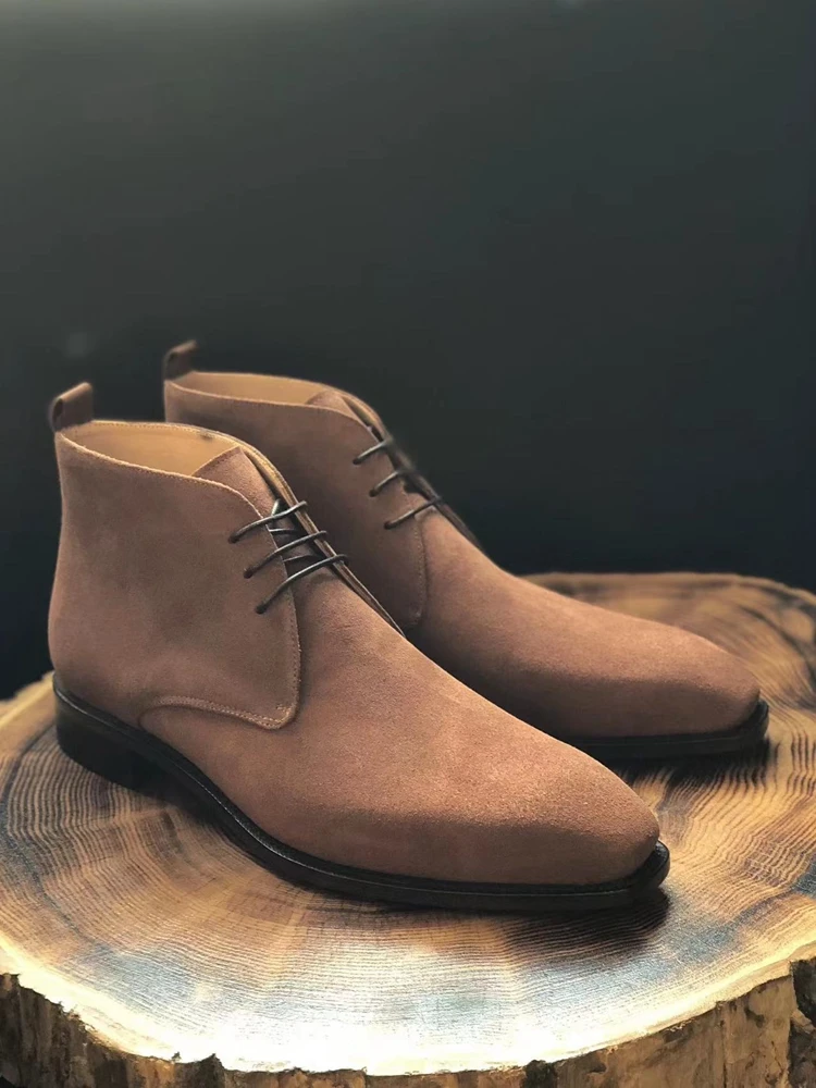 

cie Suede Caramel Goodyear Welted Lacing-up Boot Handmade Shoes Leather Out-sole Ankle Boots MA13-1