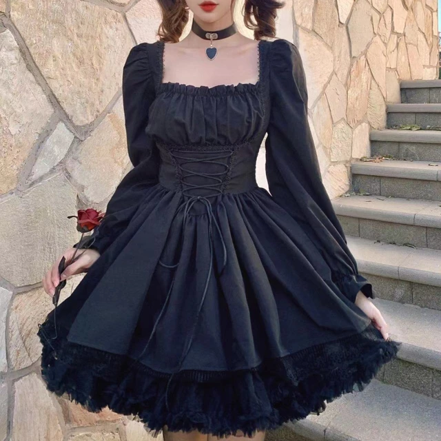 HOUZHOU-Vestido corto de manga larga estilo Lolita, minivestido gótico negro de encaje, ropa de calle de retazos, cuello cuadrado 5