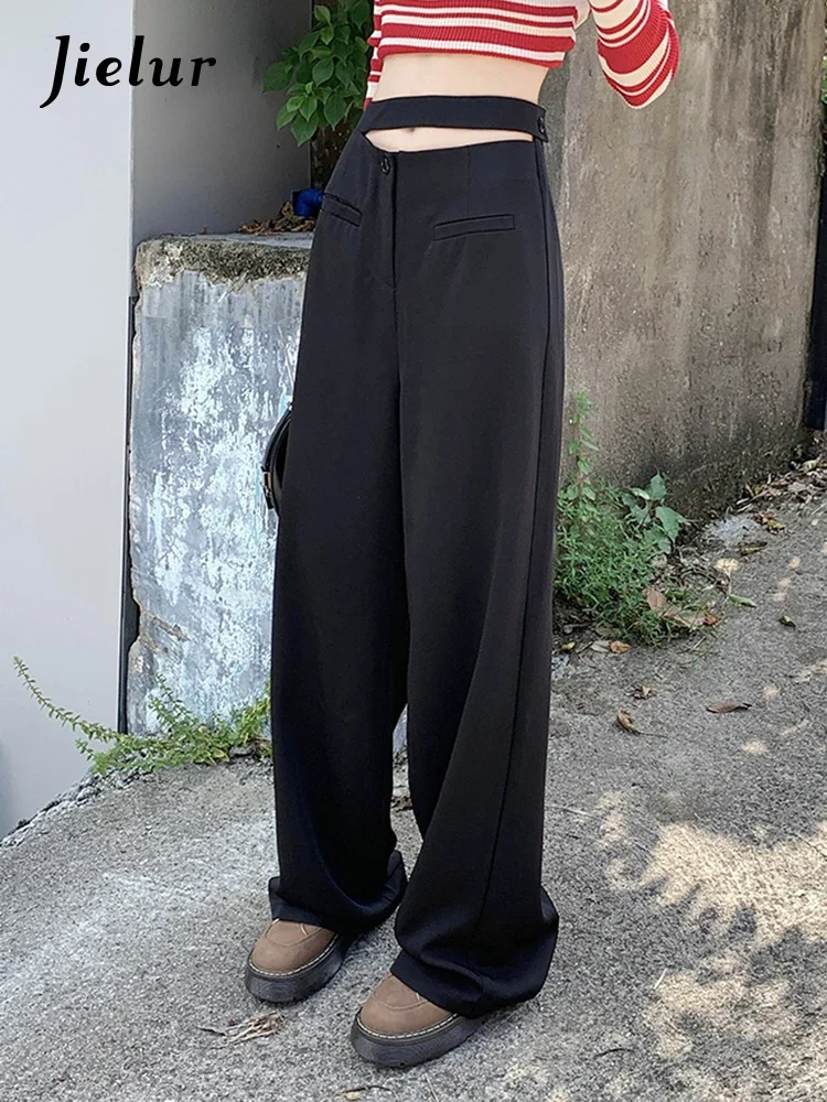 Jielur New Black Tie Up High Waist Loose Wide Leg Pants Spring Korean Fashion Lazy Style Women Straight Leg Casual Pants Female