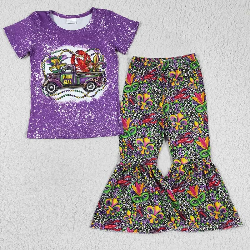 

Wholesale Kids Purple Short Sleeves Crawfish Shirt Tee Baby Girl Mardi Gras Outfit New Set Toddler Children Leopard Bell Pants