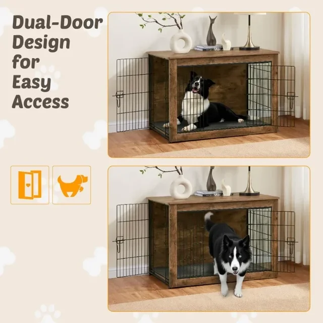 S887512b72912454697cfc0579dc0a8397.jpg 39 Inch Wooden Dog Kennel Furniture Extra Large Pet Crate End Table Dual Door Brown Heavy Duty Indoor Dog Cage With Cushion