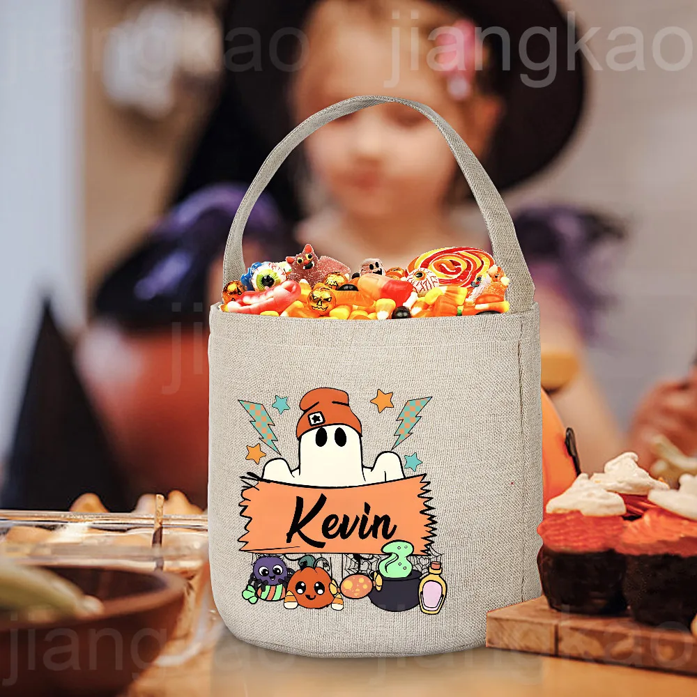 Gift Bags Personalized Trick or Treat Bag Name Candy Bucket Bag Halloween Party Ghost Tote Bags Portable Cookie Basket Gift for Kid