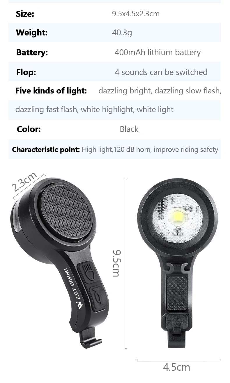 Description Picture 4 of itemBike Front Lights with Horn Rechargeable MTB Bicycle Lamp Electric Bell Night Riding Safety Warning Loud Flashing Horn Lights