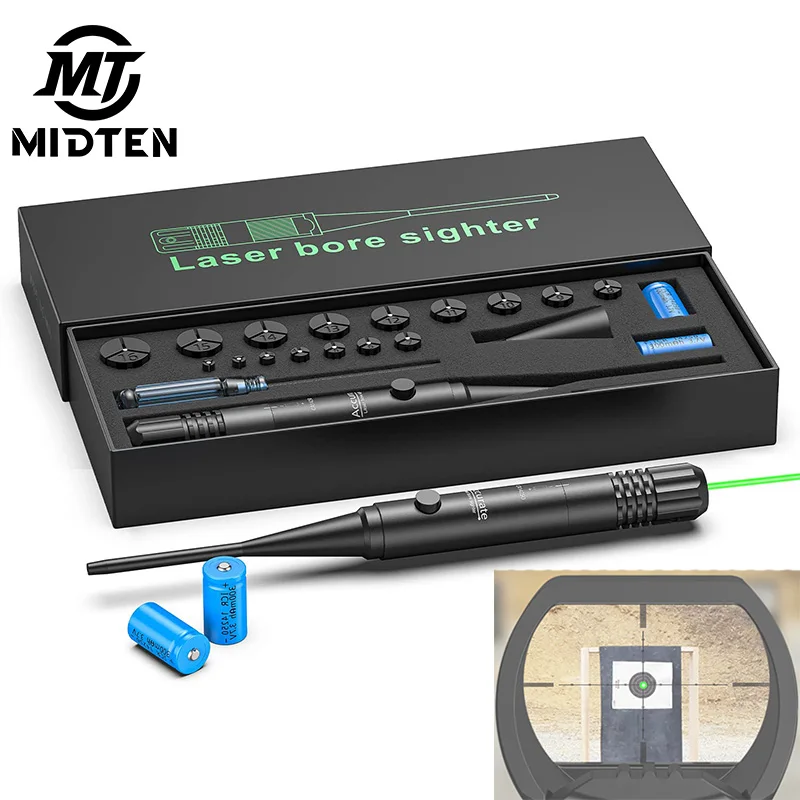 MidTen Pistol Rifle Shotgun Green Laser Bore Sighter With Box Hunting Sight Kit 0.17 to 12GA Caliber Boresighter Button Switch new red dot laser brass copper boresight cal 7mm 38 303 30 12ga 8x57jrs 223 cartridge bore sighter for scope hunting adjustment