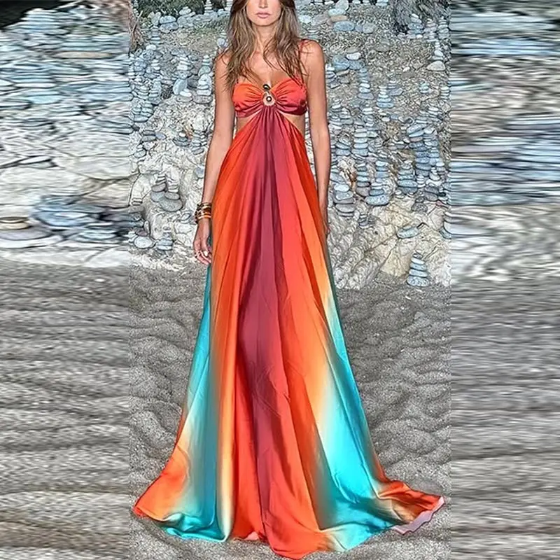 Vestido largo elegante con degradado para mujer, de satén, sin espalda, con corte en A, para playa, sexy, plisado, para vacaciones, verano 2025