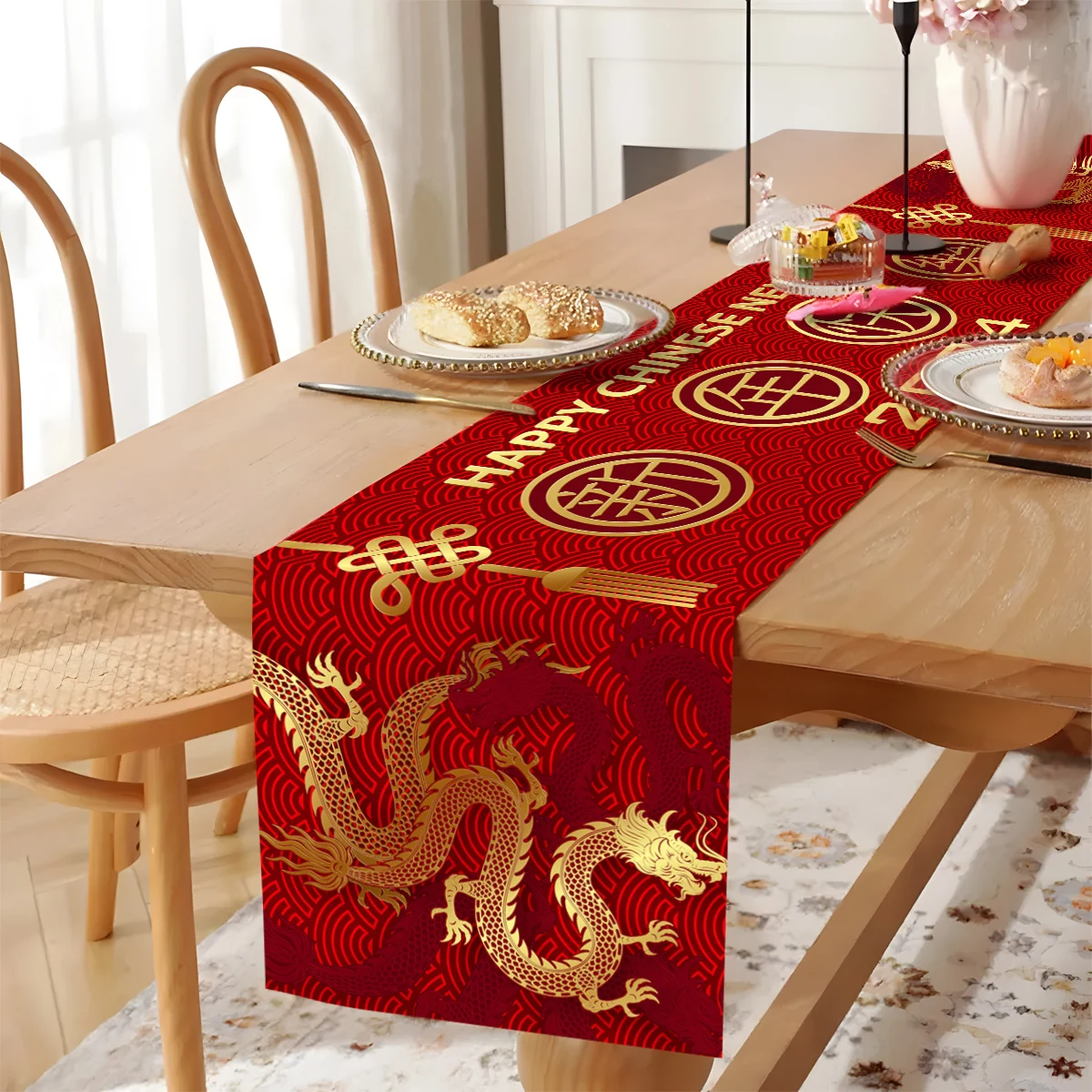 Year Of The Snake 2025 Table Runner - 13x72 Inch Chinese New Year Tablecloth, Linen, Red & Gold Design