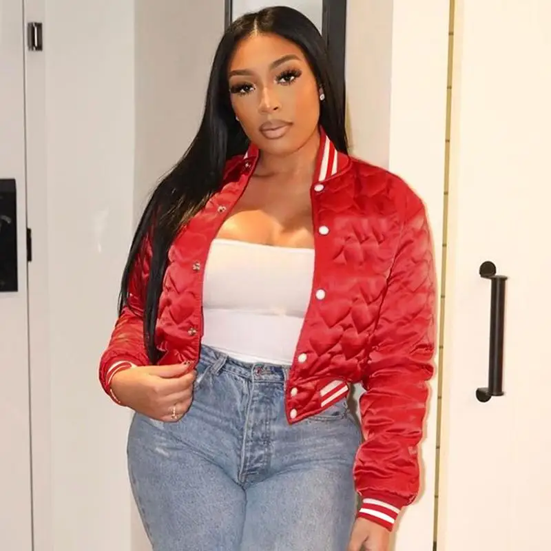 

Women's Winter Coat Casual Zipper Stand Collar Long Sleeve Short Baseball Cotton-padded Jacket