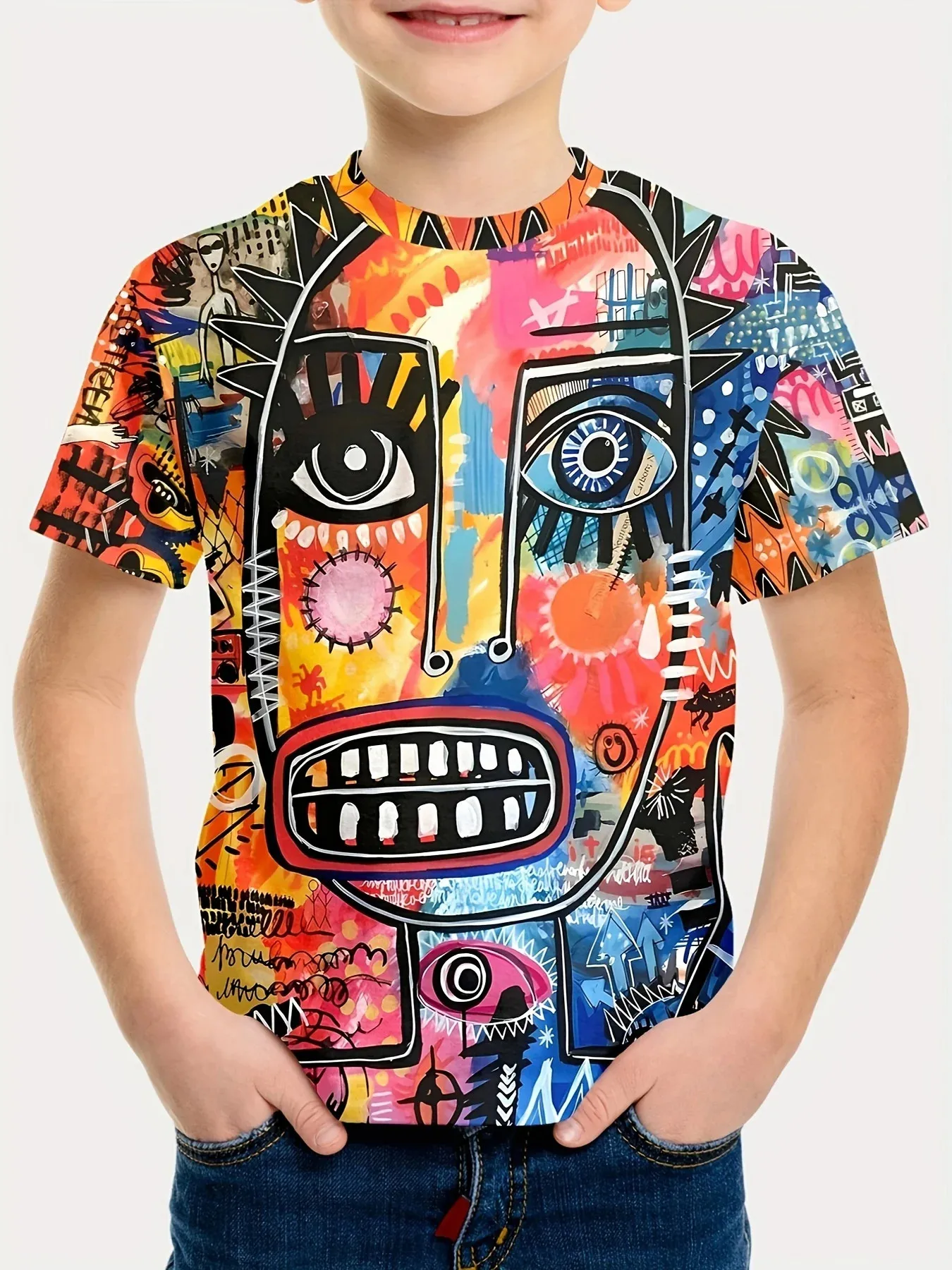 

Summer Boys Short Sleeve Graffiti 3D Print T Shirt Fashion Casual Children Boy Girl Kawaii Cartoon Round Neck Tshirt Kids Tops