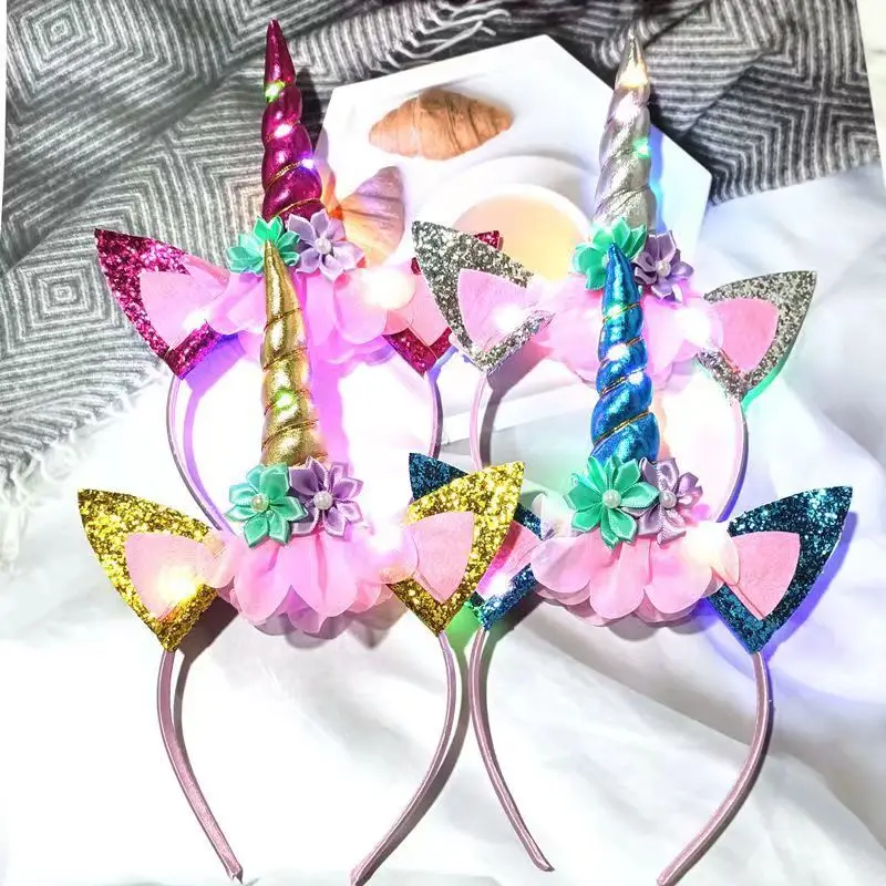 2022 New Unicorn Headband Plus Lighting Children's Holiday Party Gift Christmas Performance Headband Hair Accessories high quality small drawstring fabric unicorn gift bag christmas chinese silk brocade jewelry pouch monster candy bag 10pcs lot