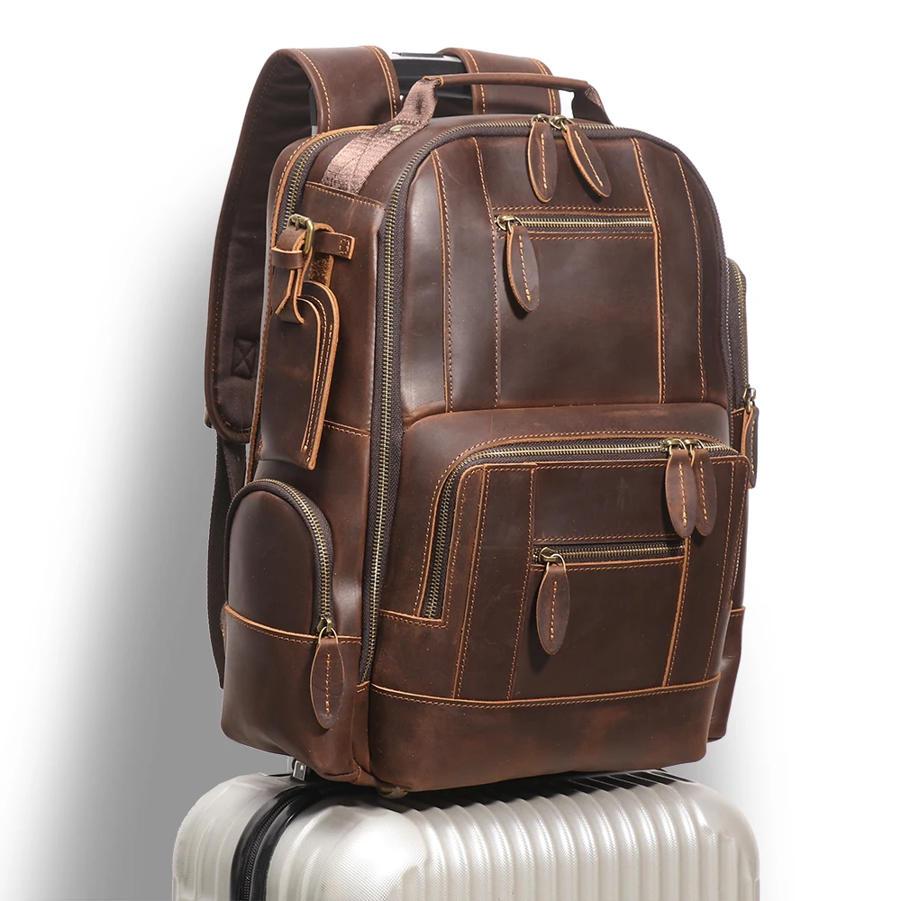 LUOKIR New Genuine Leather Large Capacity Multifunctional Crazy Horse Leather Backpack Travel Business Laptop Bag 3