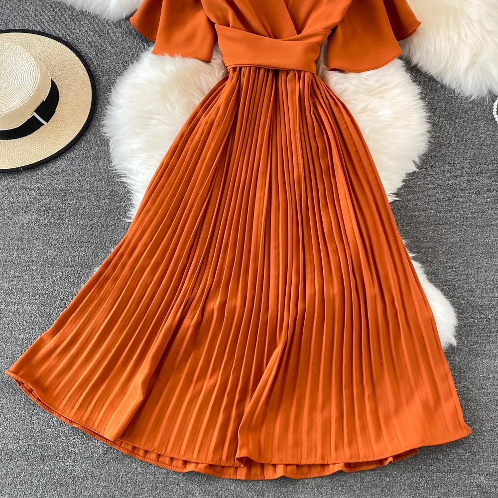 Women Elegant Pleated Dress Summer Short Sleeve V-neck Vintage Dresses Ladies A Line High Waisted Midi Dress